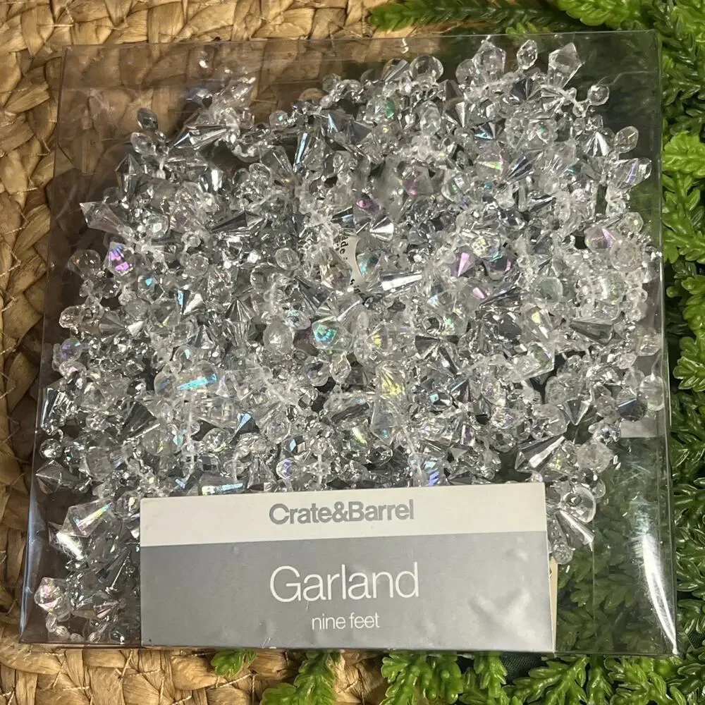 Crate & Barrel 9' Iridescent Silver Crystal Facet Bead Christmas Garland Beaded